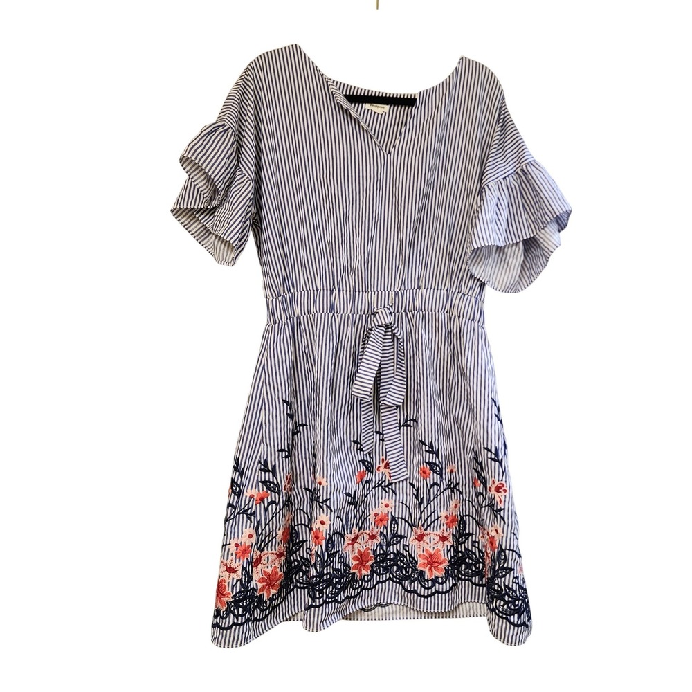Westport Blue White Striped Floral Embroidered Ruffle Sleeve Dress Womens 14